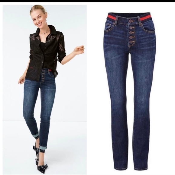 CAbi Denim - Cabi Women's Button Fly Skinny Jeans Stretchy Dark Wash Ribbon Waistband Size 8